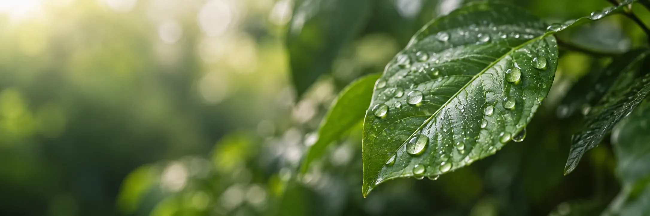 Green leaf with water droplets, representing more responsible materials and processes