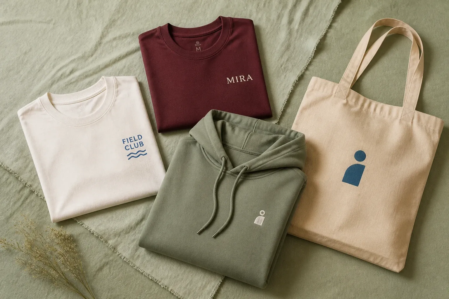 Arrangement of custom T-shirts, hoodie and tote bag