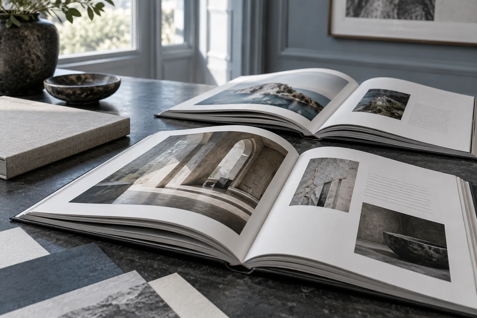 Catalogues et brochures présentant une mise en page éditoriale pour l’impression
