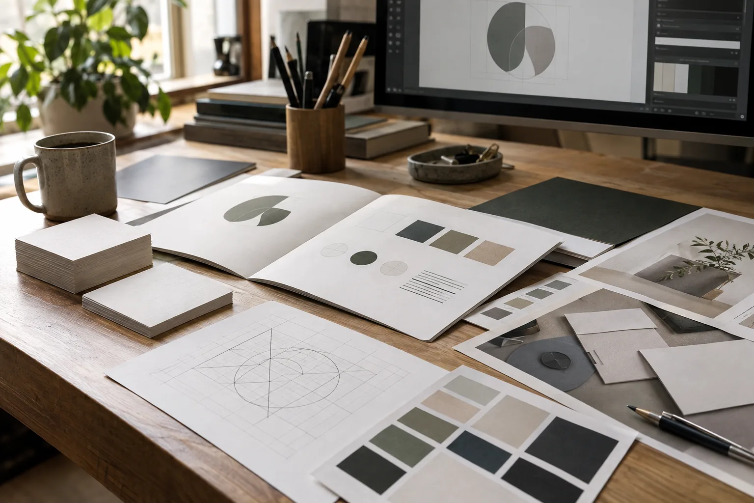 Création d’une identité visuelle avec palette de couleurs, typographie et applications de marque